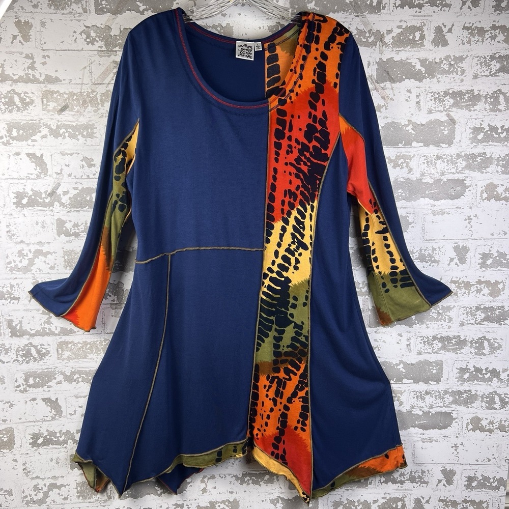 Parsley & Sage Tunic Shirt/Dress Sz L Wearable Art Blue Patchwork Sharkbite Hem - Picture 3 of 14